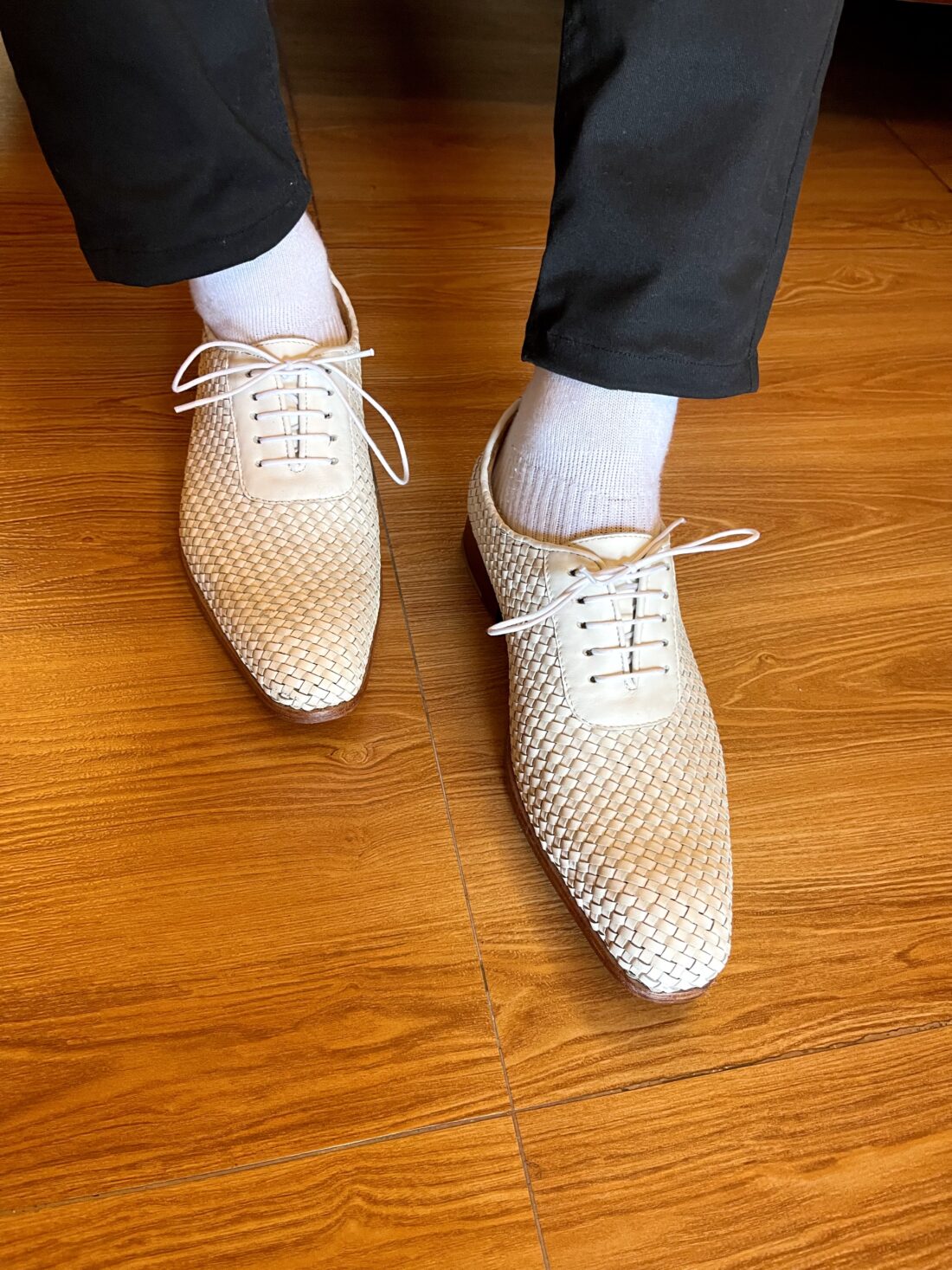 Handcrafted Meshed Leather Shoes in White